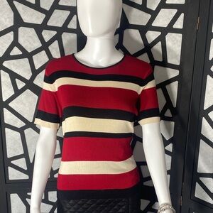 Valerie Stevens Red, Black, and Cream Striped Tee. 100% silk.